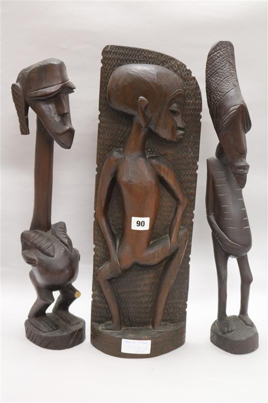 Two Makonde figures and a Papua New Guinea tribal mask tallest 53cm